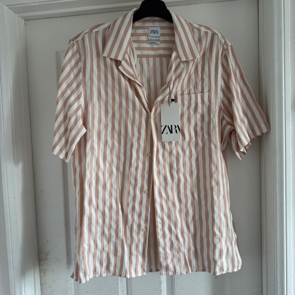 Zara Men's Striped Button Up Shirt - White and Salmon - Picture 1 of 1